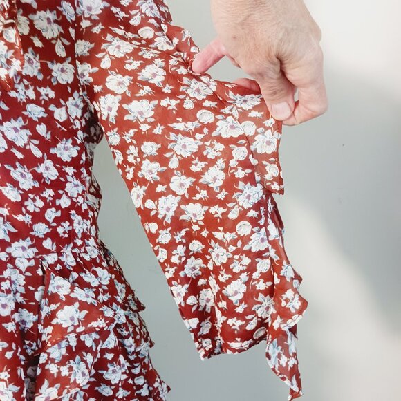 INA, NWT, Mini Dress, MED, Rust Floral Print Ruffle Accents 3/4 Sleeve Feminine - Picture 8 of 16